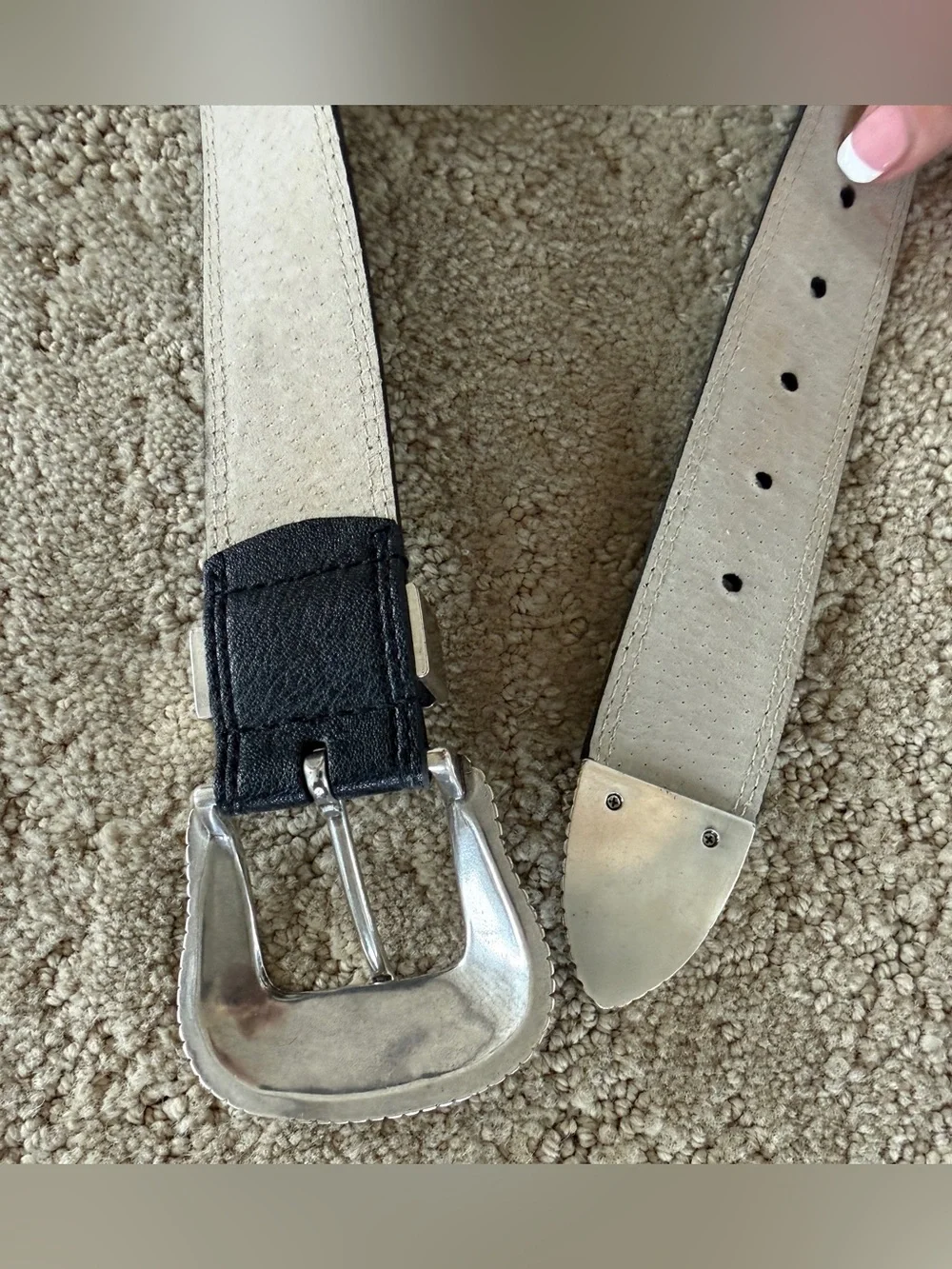 Black Western Belt Ornate Silver Buckle & Tip M